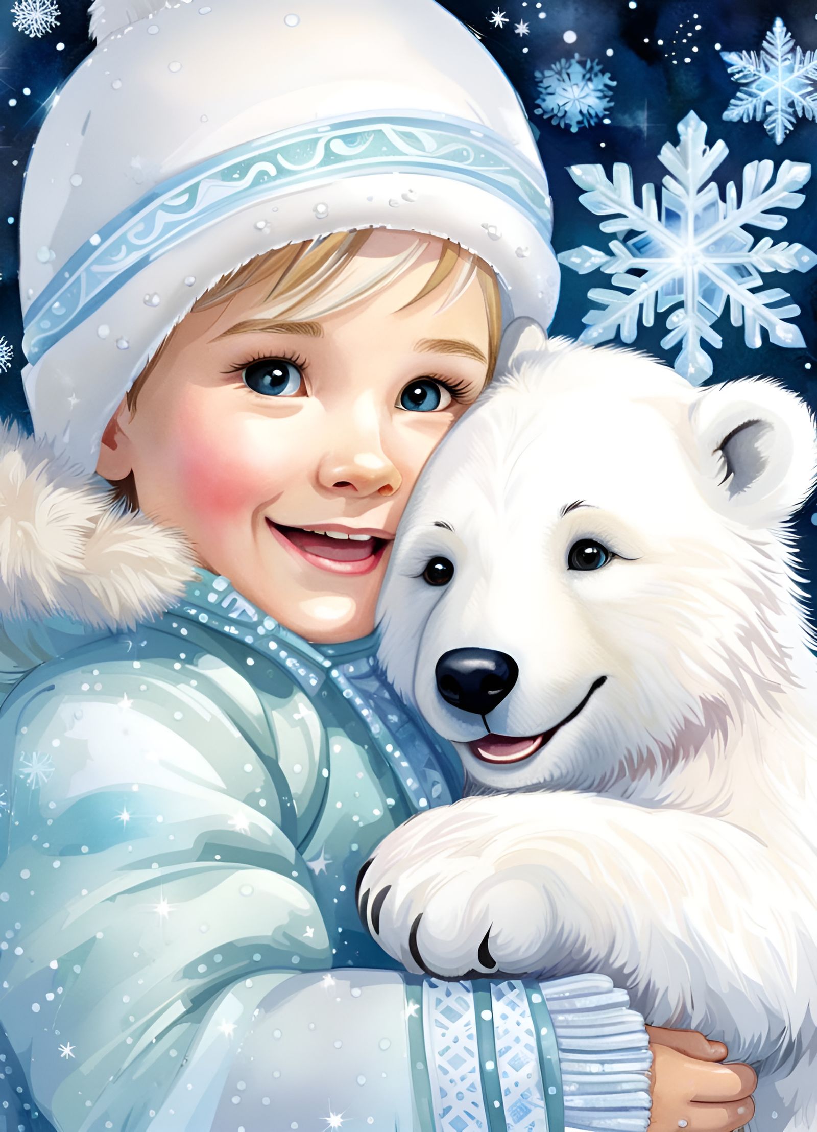 Toddler Hugging Polar Bear: Photorealistic Watercolor