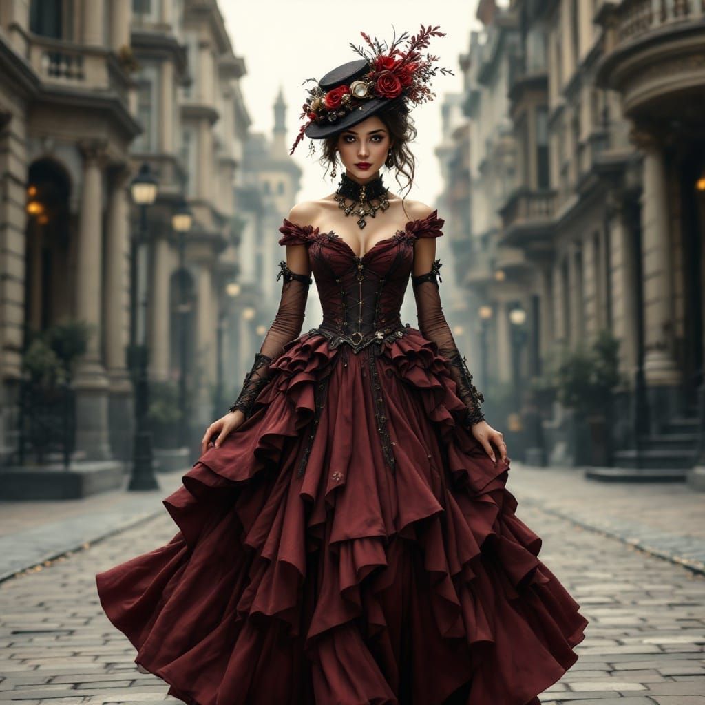 Steampunk Lady Strolls Through Victorian City Streets