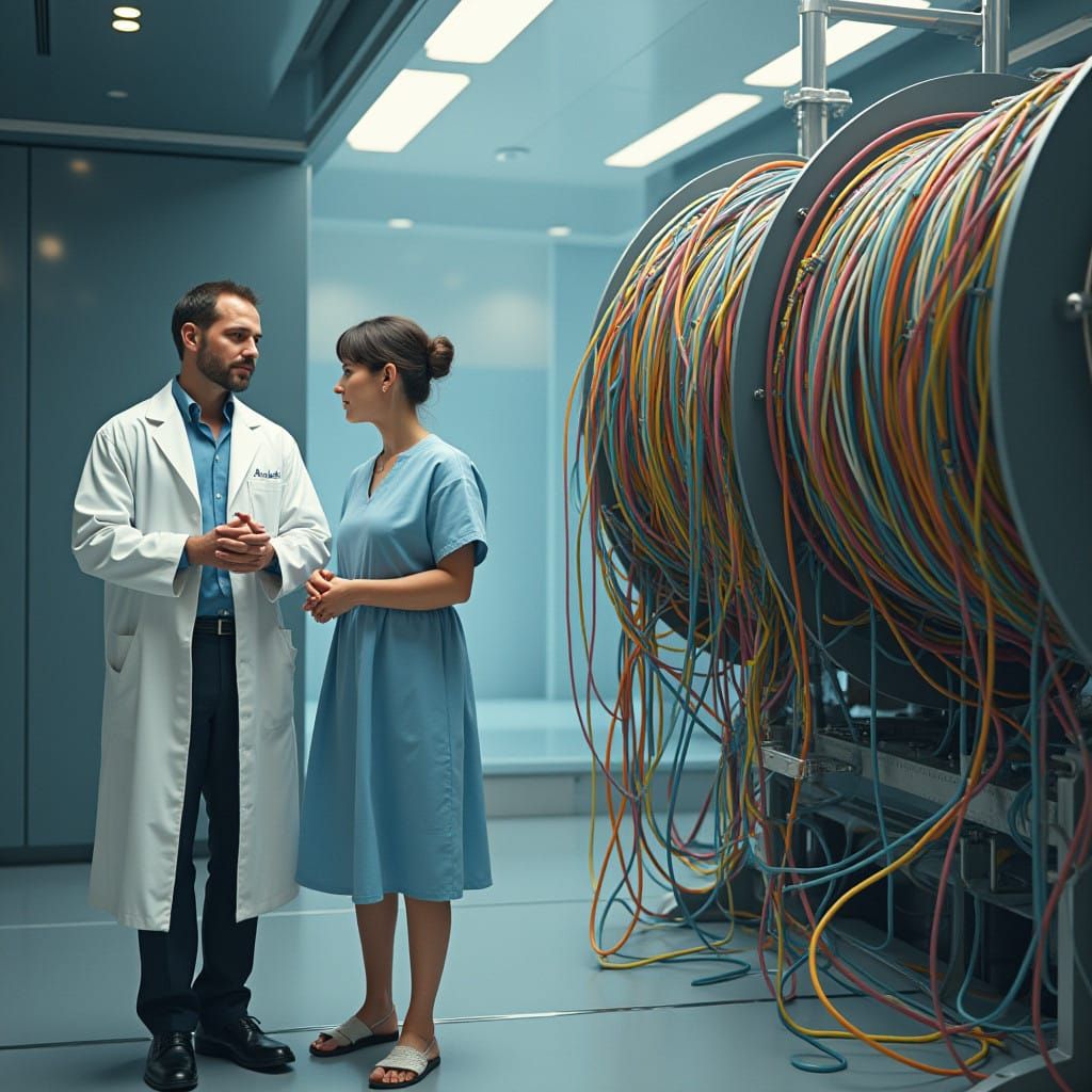 Doctor and Patient Contemplate Tangled Cabling in Futuristic...