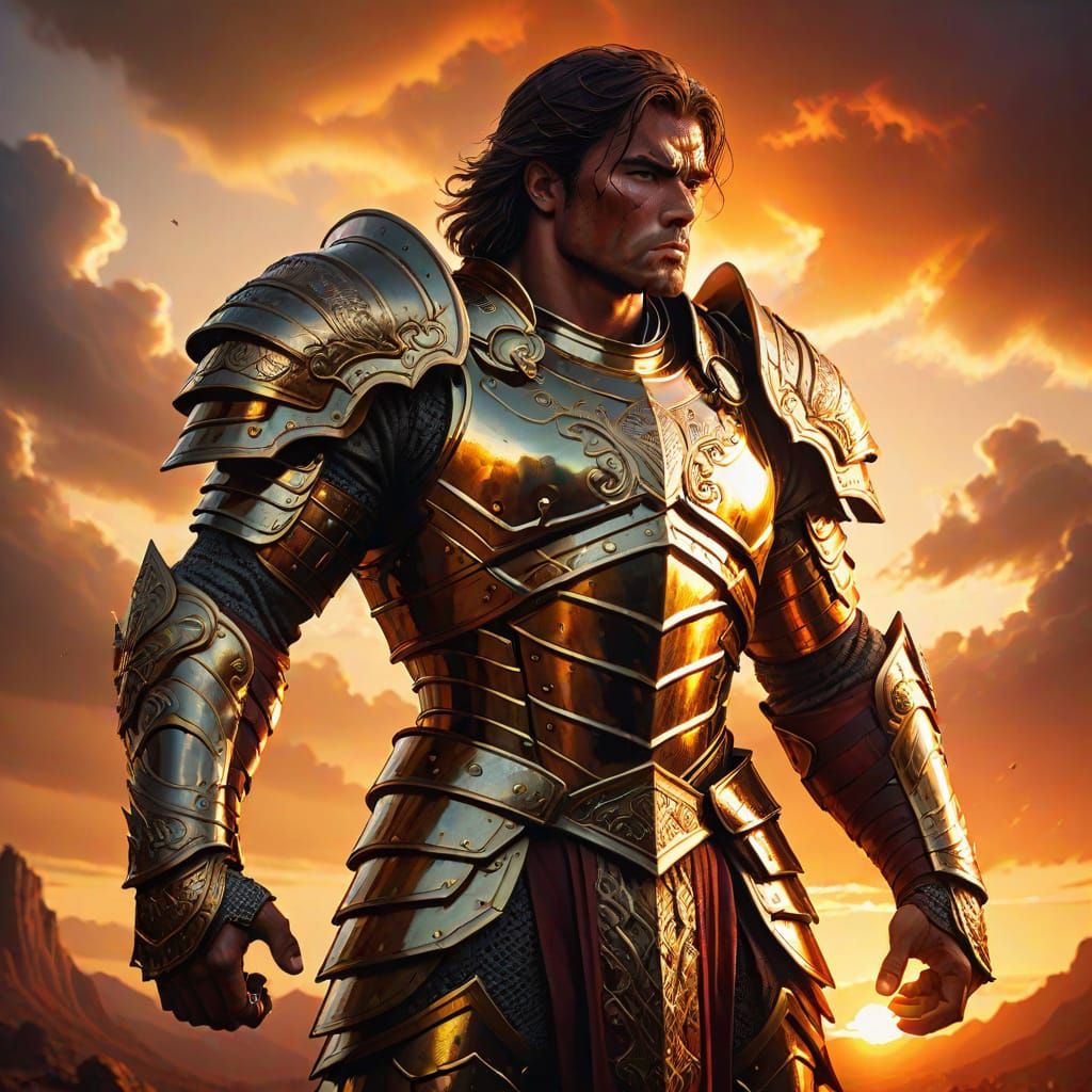 Muscular Warrior in Glowing Armor Against Fiery Sunset Skies