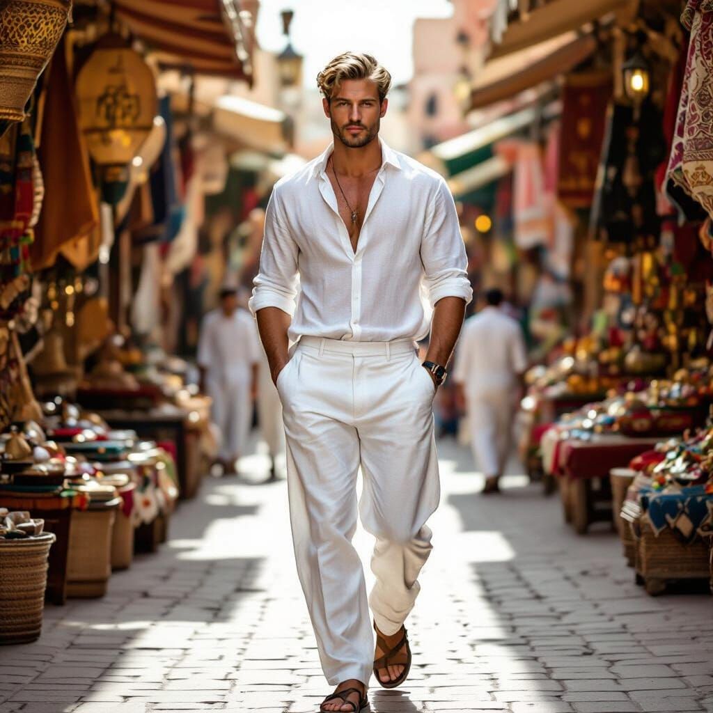 Elegant Man in Marrakesh Market, High Fashion Photography