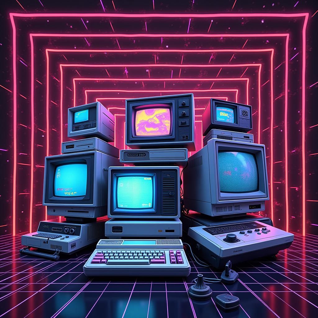 Retro 80s Tech Collage in Neon Style