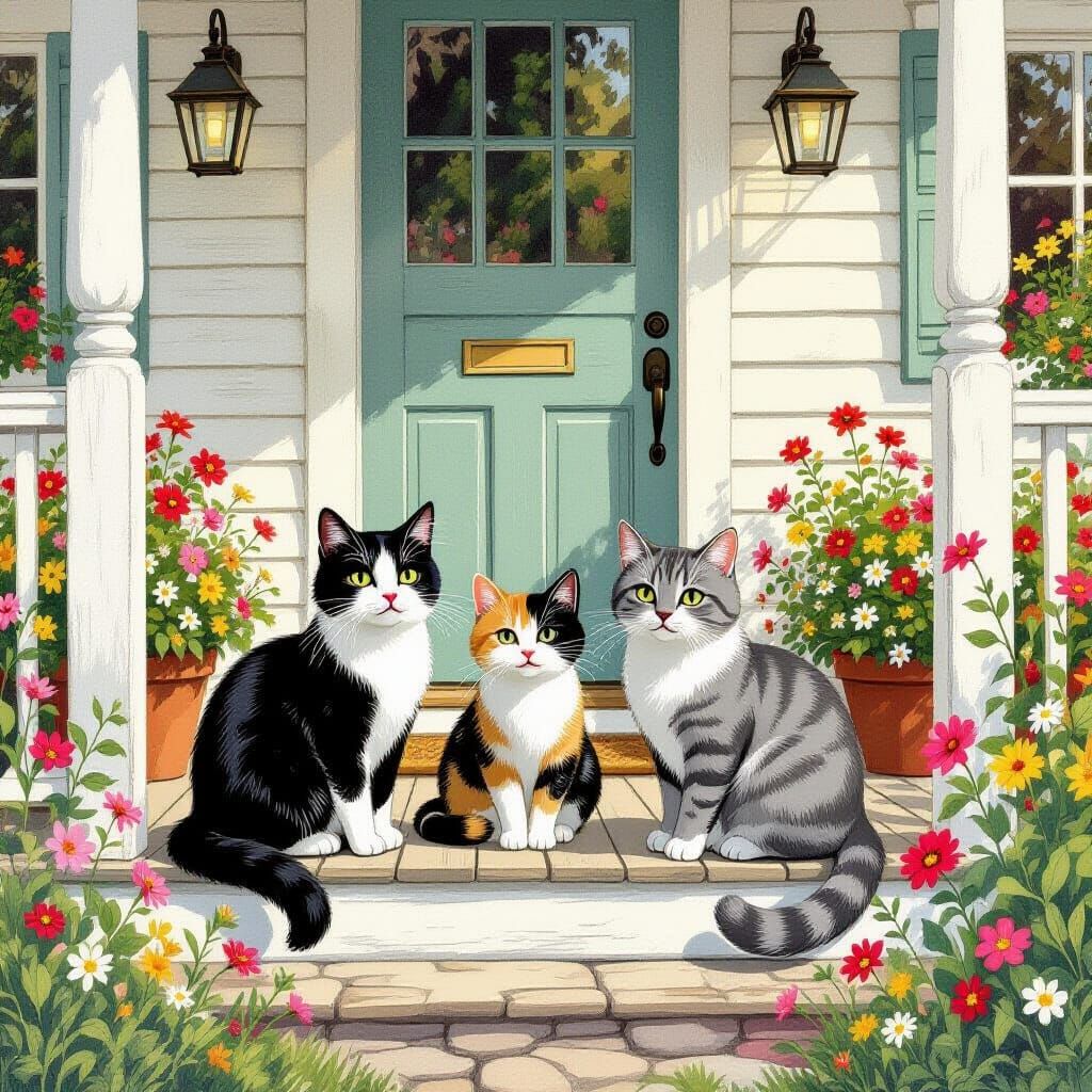 Charming Cats in Cottage Garden, Illustration Style