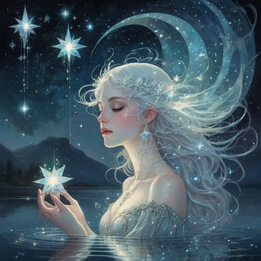 Opalescent Stardust Fairy Shimmers Above Moonlit Lake