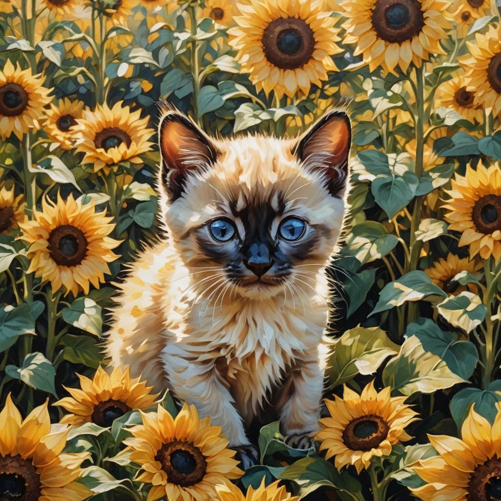 Siamese Kitten in Sunflower Field: Impasto Oil Painting
