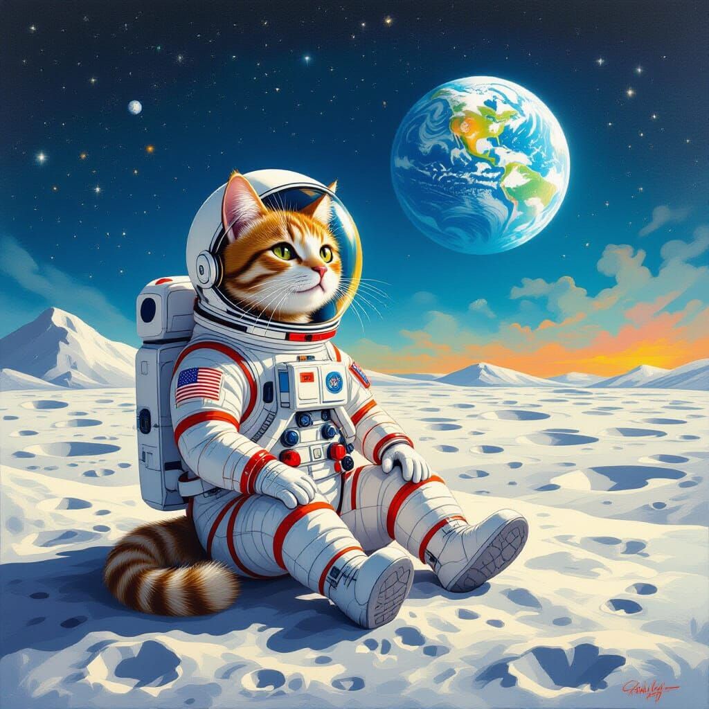 Whimsical Cat in Spacesuit on Moon with Earthrise