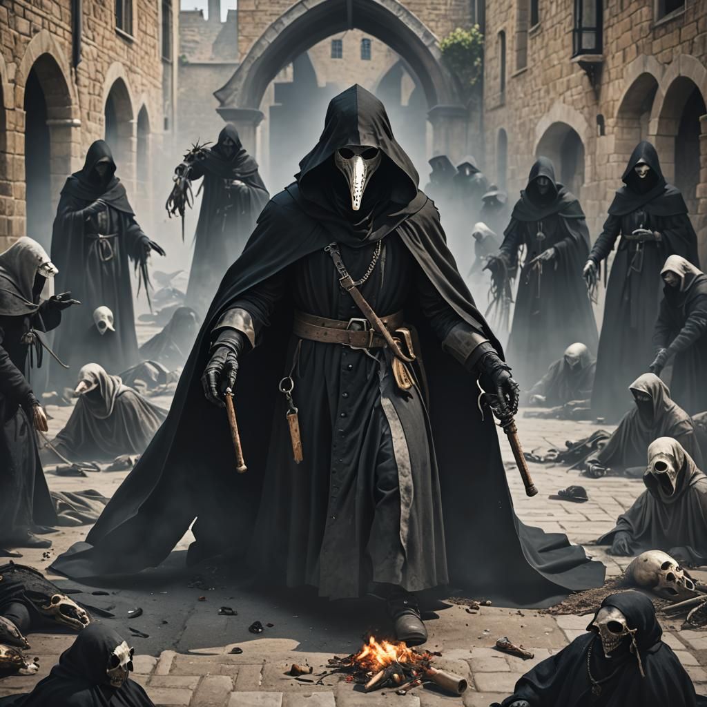 Medieval Plague Doctor Tending to Victims in Gothic Art