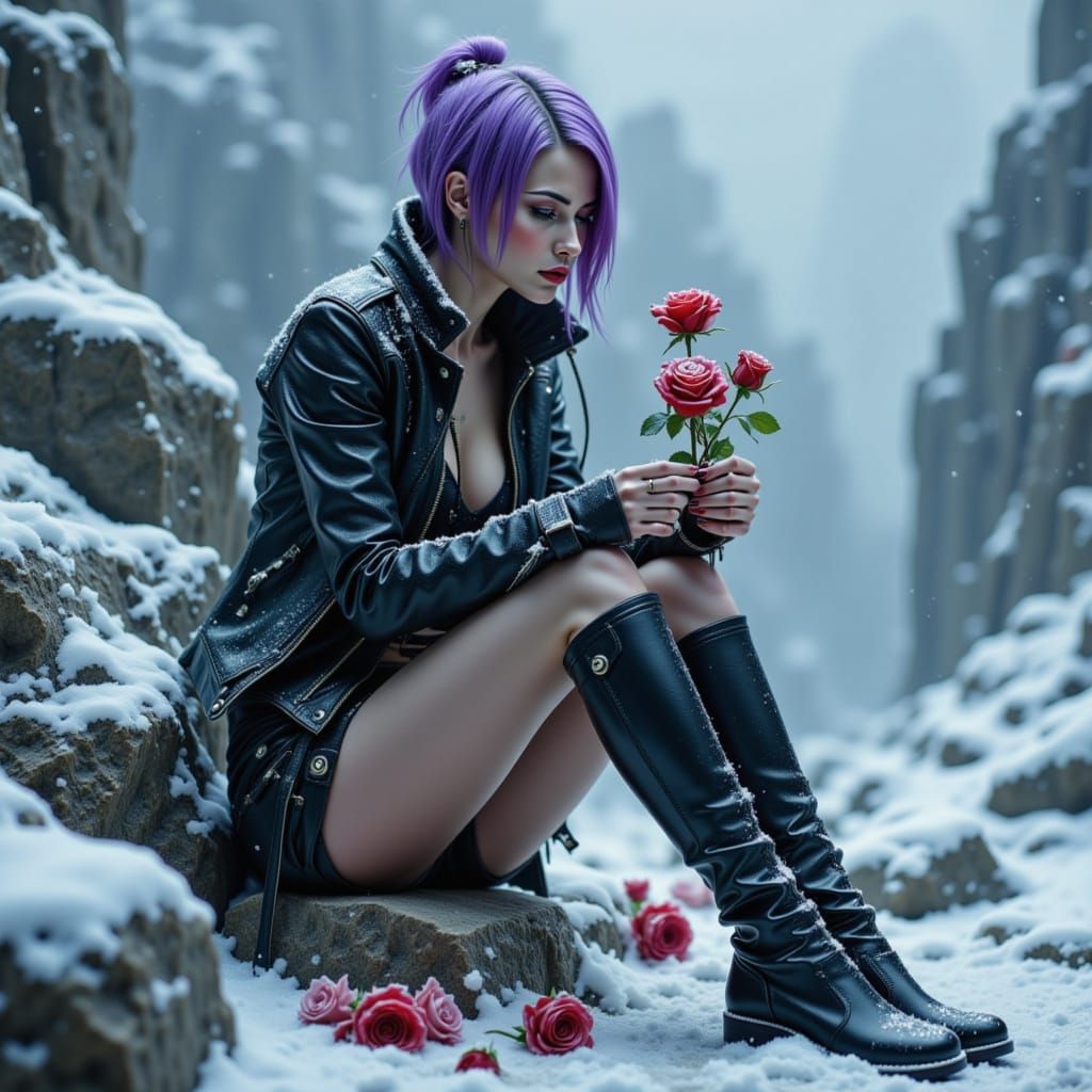 Punk Woman in Snowy Mountain Blizzard
