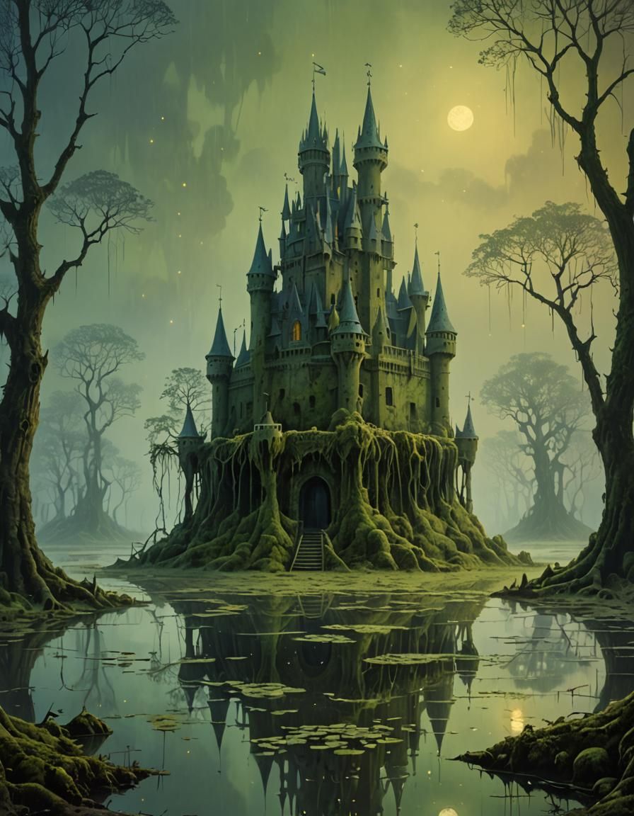 Mossy sand castle in swamp
