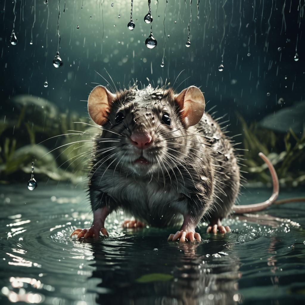 Surreal Rat Struggles in Dark Water, Dreamlike Close-Up