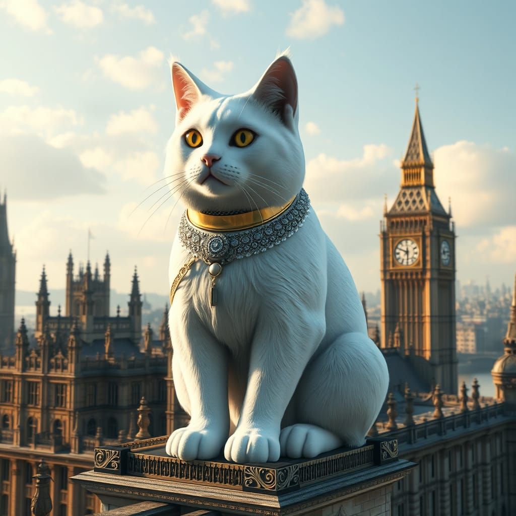 Majestic Giant Cat Sits on Parliament, Epic 3D Graphics