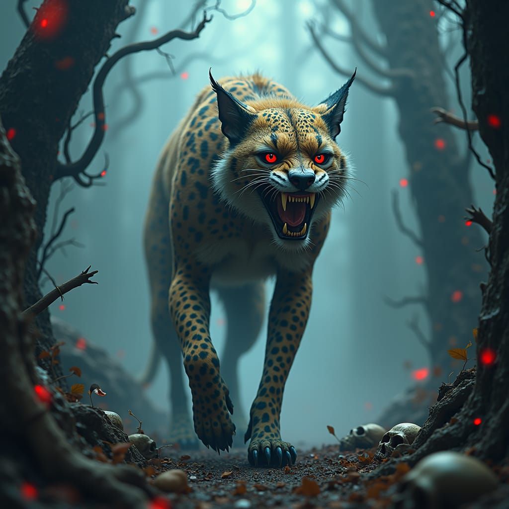 Terrifying Half-Cheetah, Half-Dog in Mist-Shrouded Forest