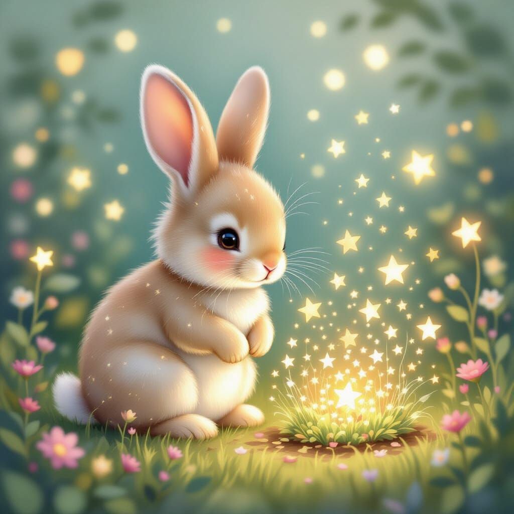Whimsical Rabbit Tends Celestial Garden