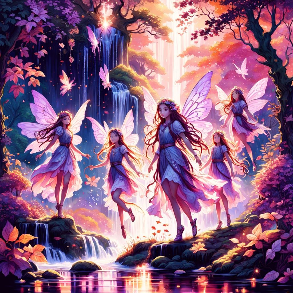 Pink Fairies Play Under Autumn Waterfall At Sunset