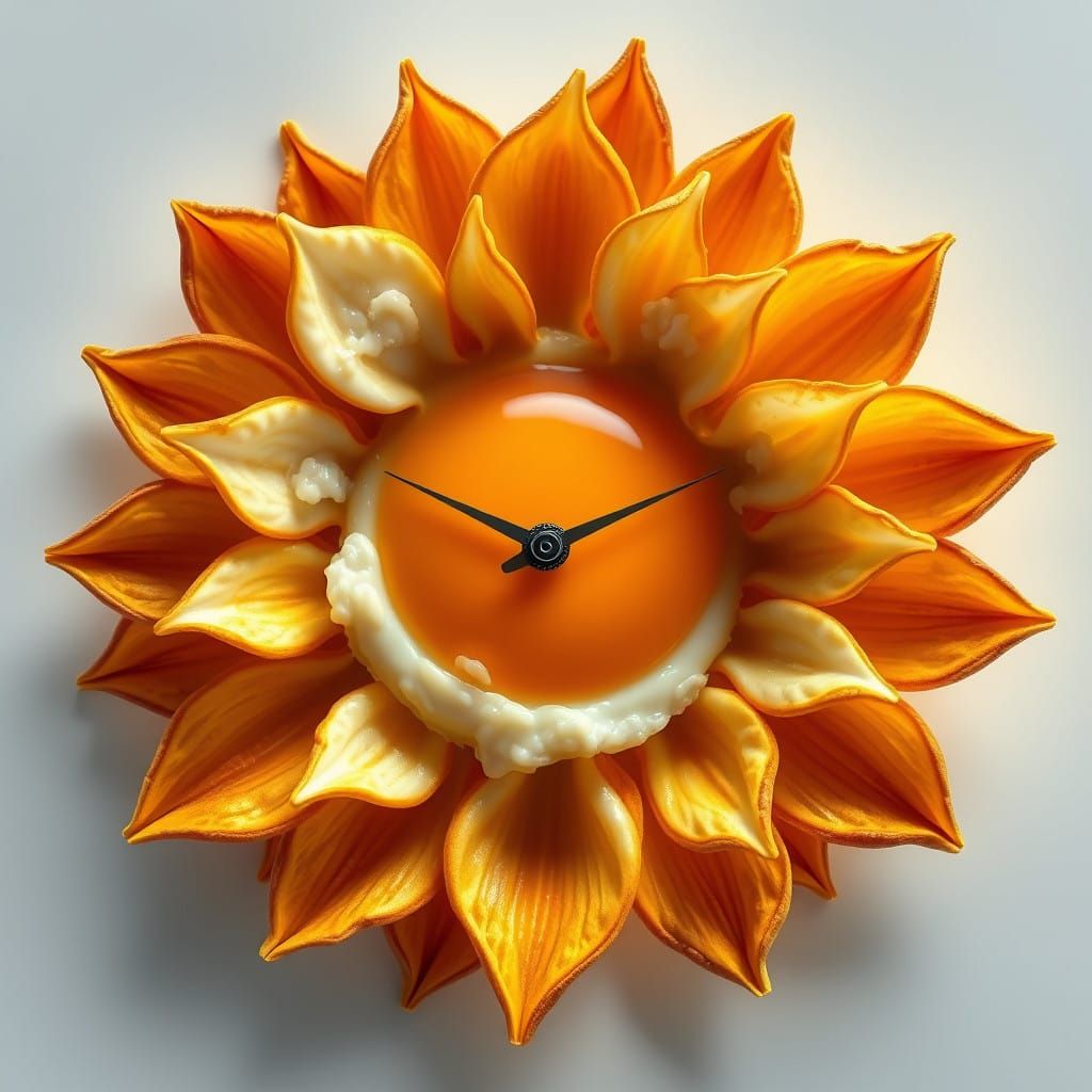 Hyperrealistic Fried Egg-Flower Clock in Golden Hues