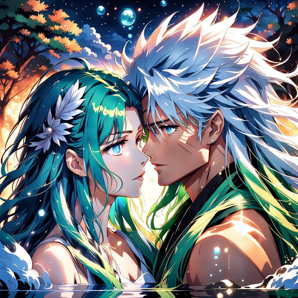 Young Couple Kissing in Hot Spring: Anime Style