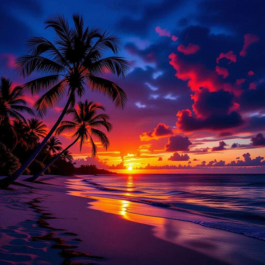 Tropical Beach Fiery Sunset in Hyperrealistic Style