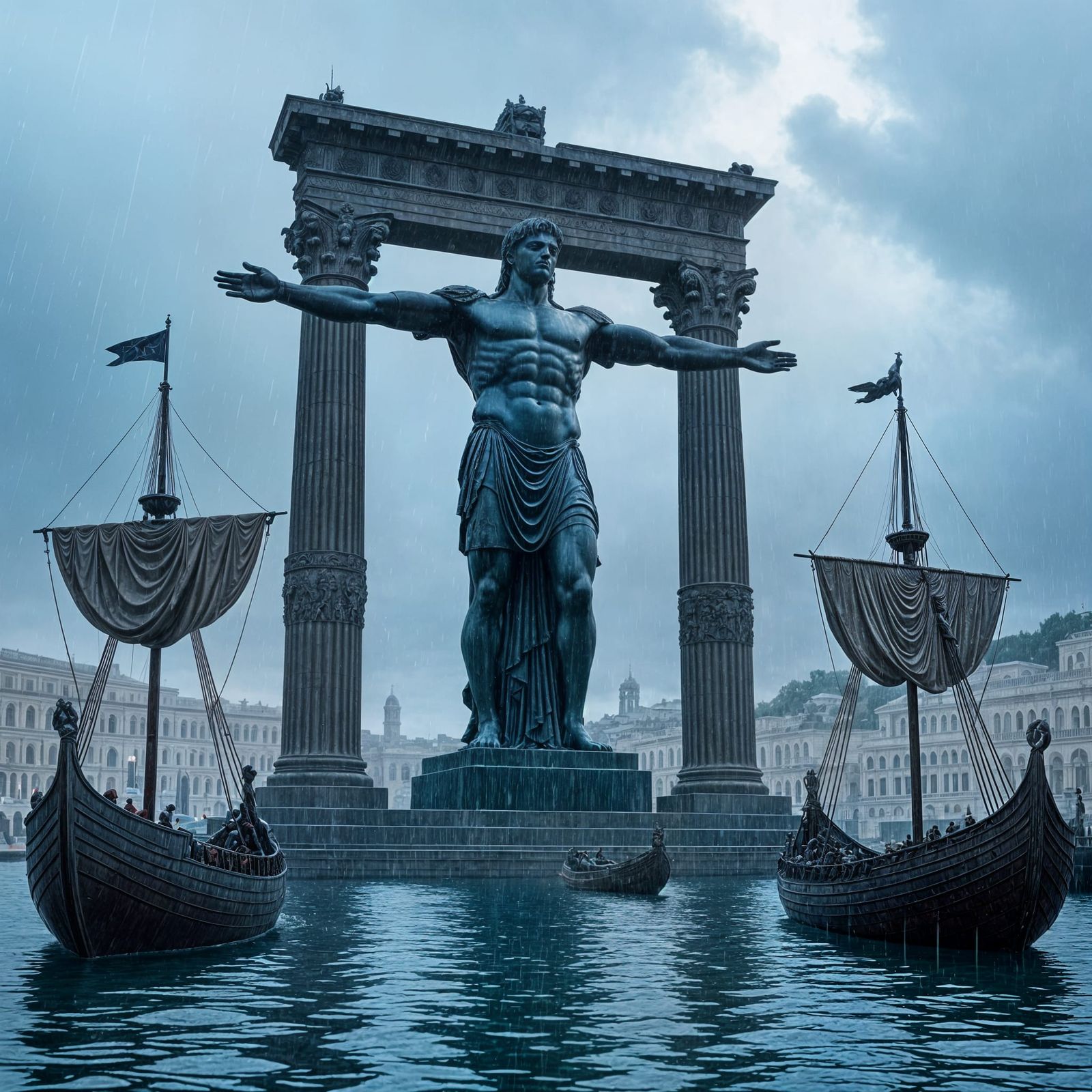 Colossus of Rhodes Statue in the Rain