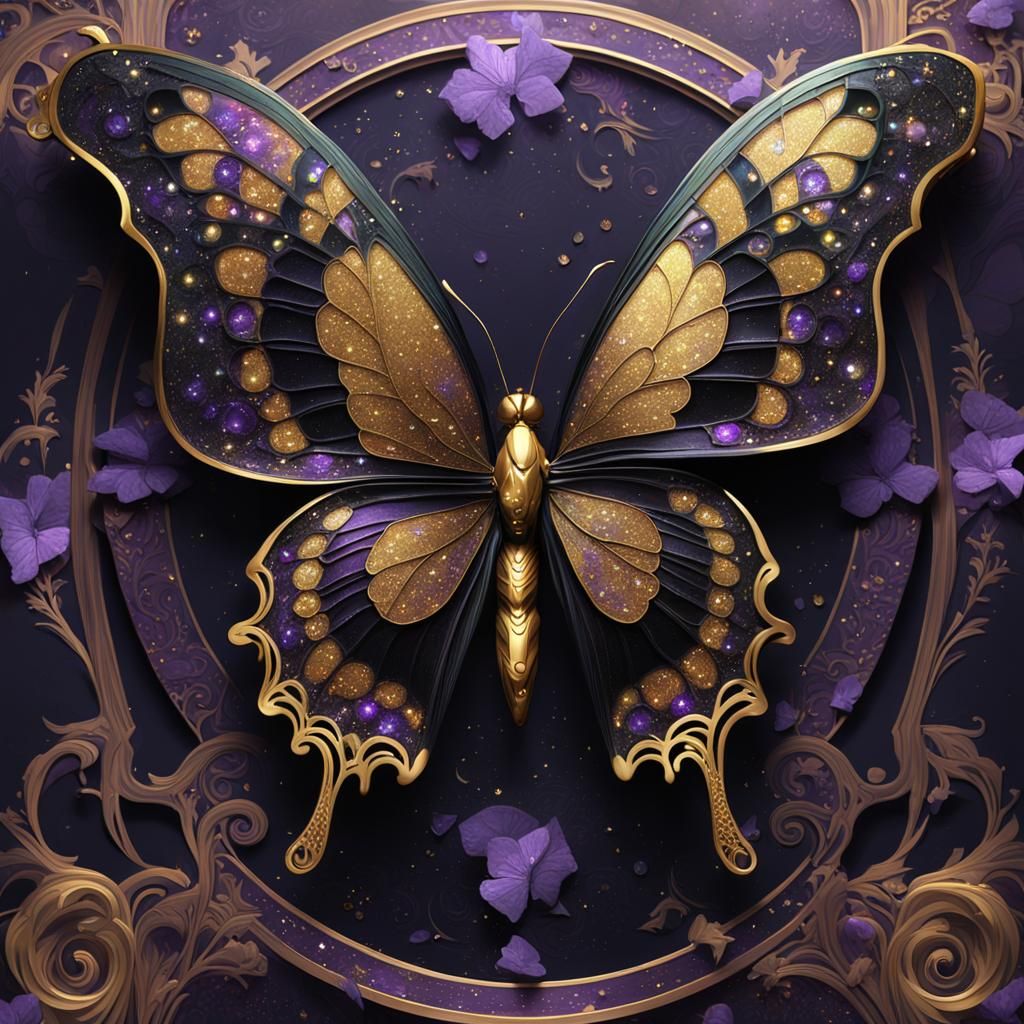 Black and Gold Butterfly on Artifact, Digital Art