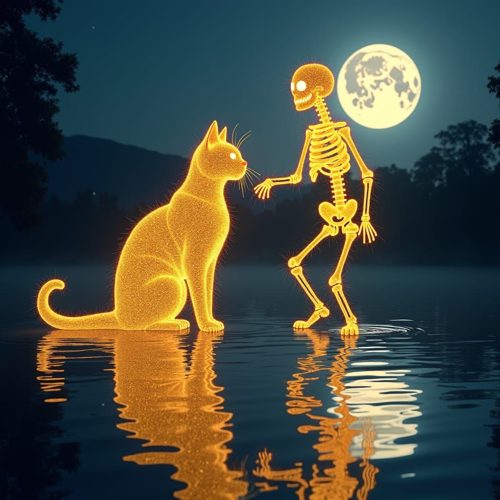 Golden Star Cat and Skeleton Dance on Lake