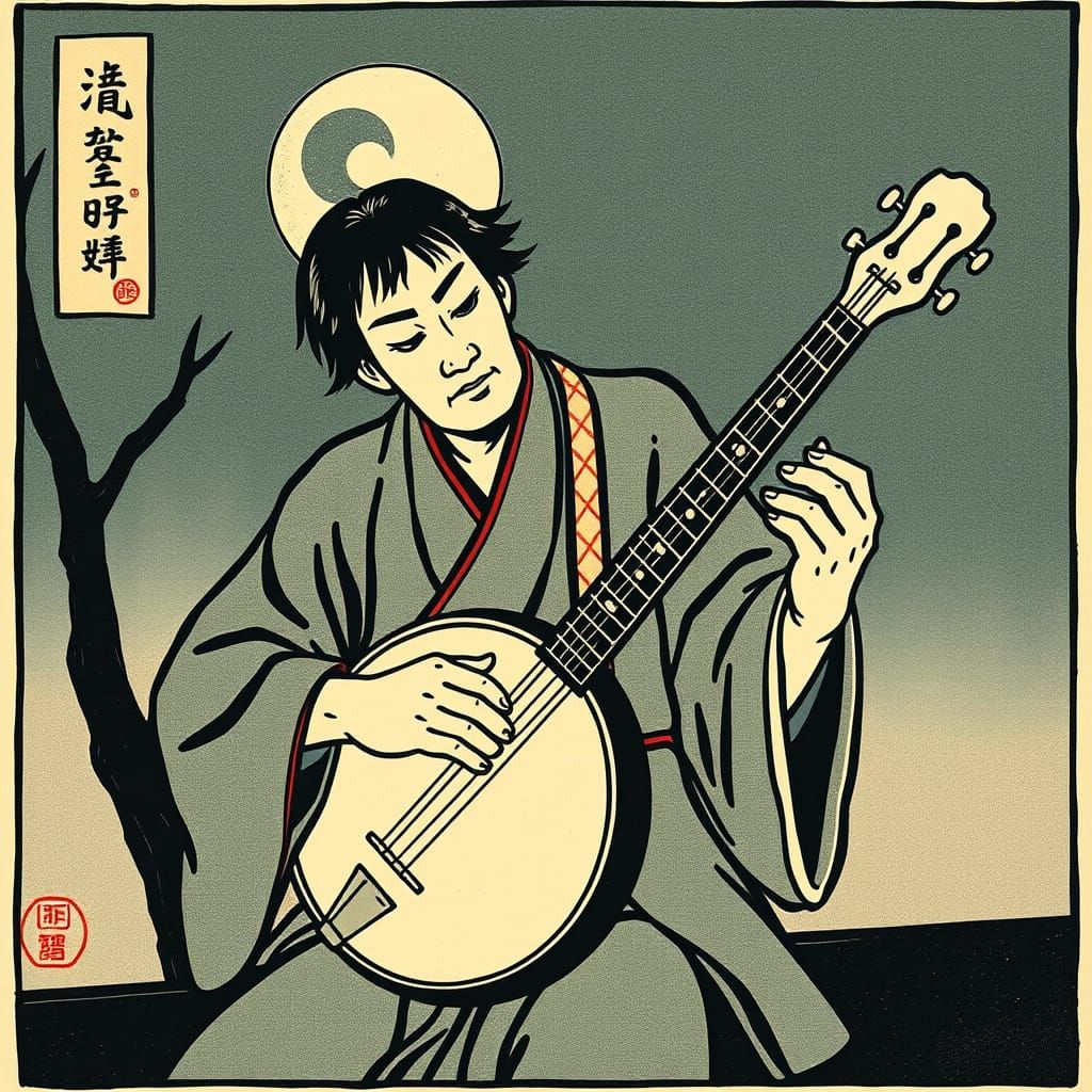 Traditional Japanese Banjo Player Woodblock Art