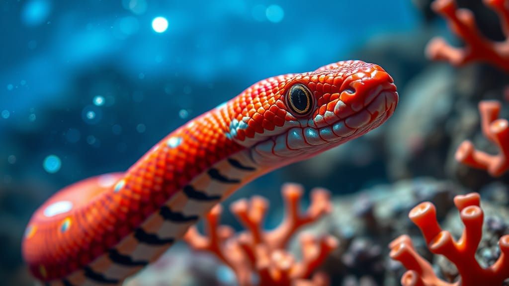 Hyperrealistic Coral Snake in a Shimmering Underwater Realm