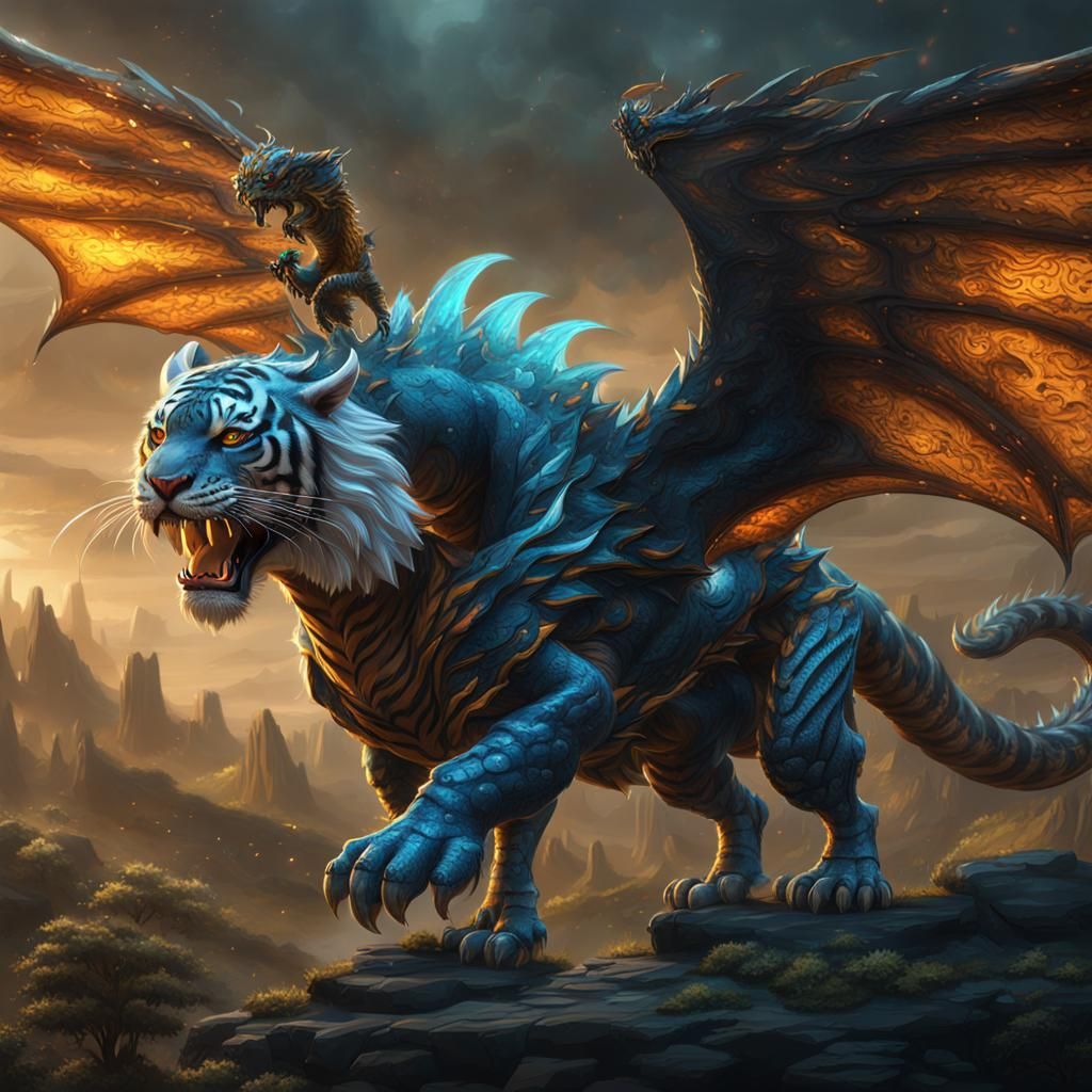 Winged Tiger Dragon Hybrid in Detailed Matte Painting