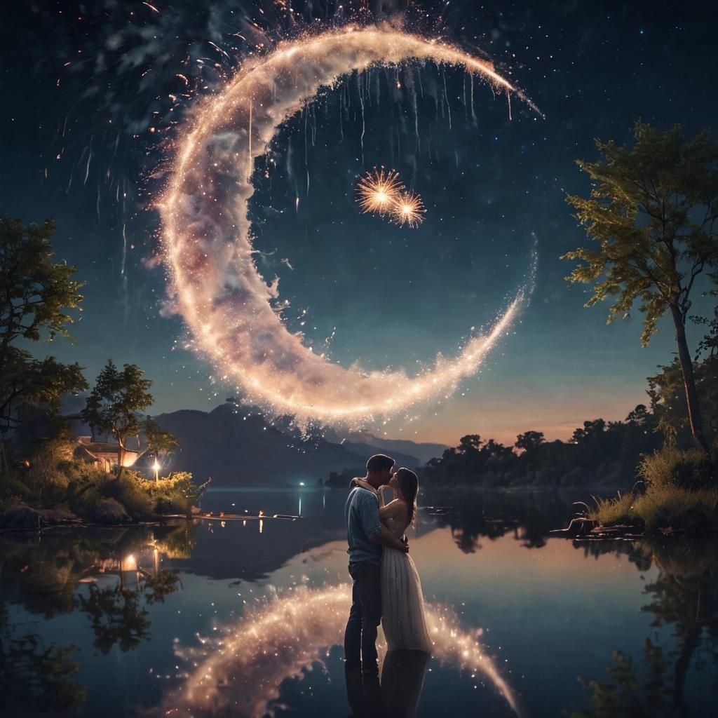 Romantic Lakeside Embrace Under Fireworks Display