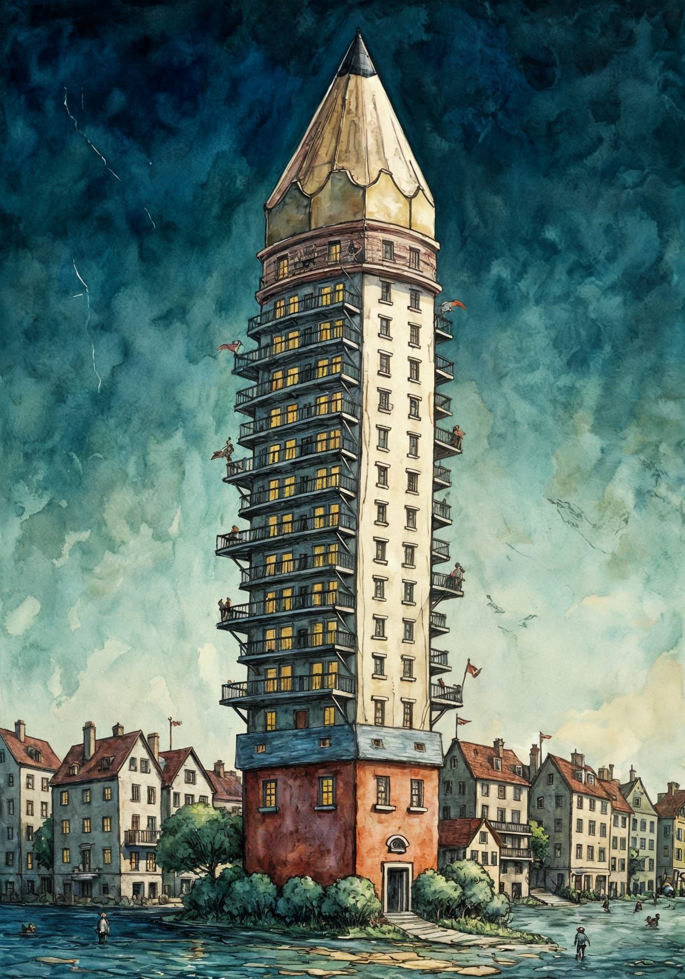 Pencil Tower Apartments in Gouache and Watercolor Style