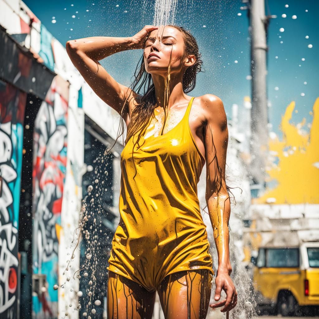 Woman Showering on Beach in Graffiti Art Style