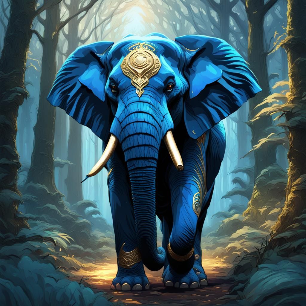 Blue and Gold Elephant in Magical Forest