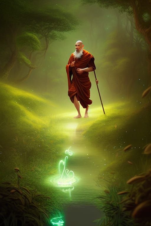 Monk Walks Emerald Forest in Ethereal Fantasy Art