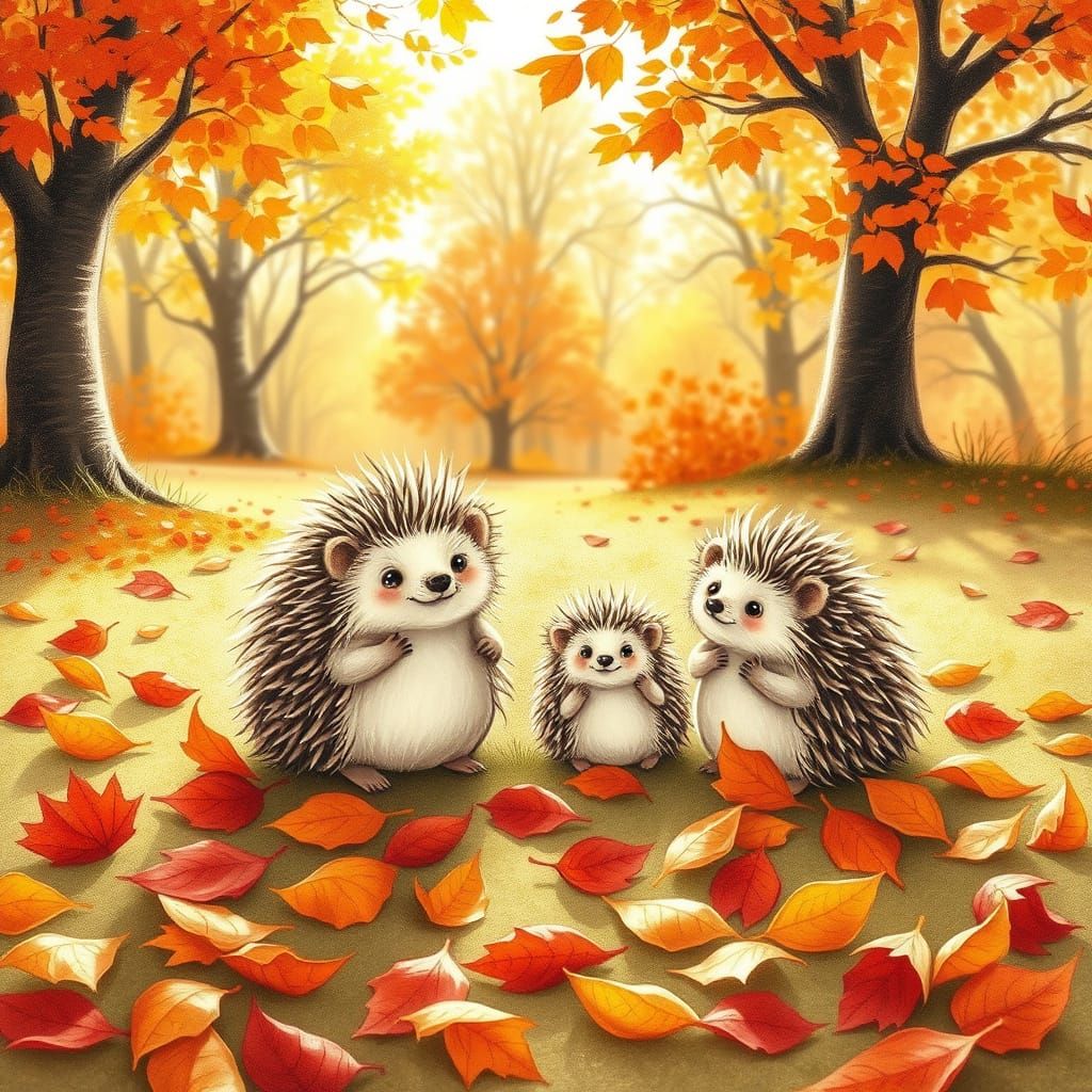 Cute Hedgehog Family in Autumn Park