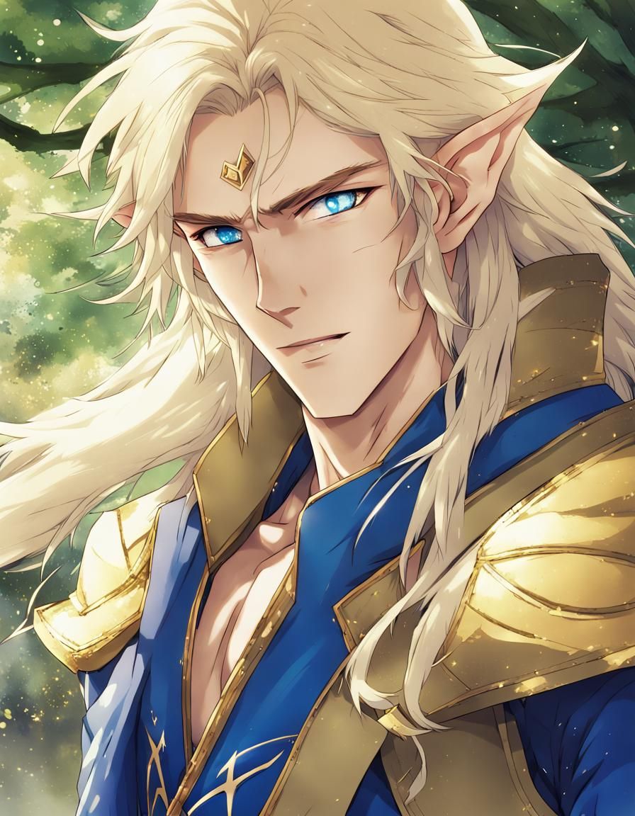 Anime Elf with Golden Aura in Ruined Landscape