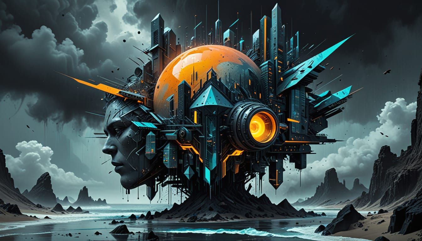 Cyberpunk Scene with Watercolor and Digital Glitches