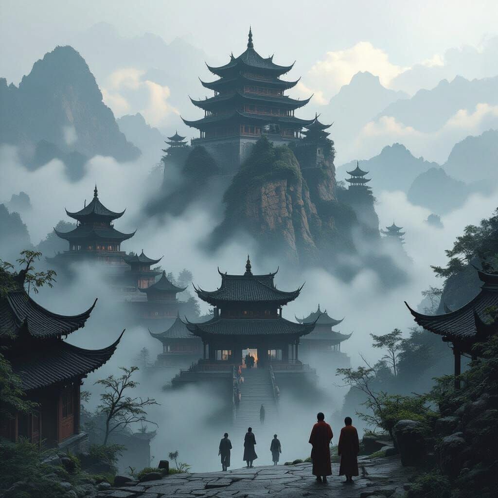 Misty Chinese Mountains with Hidden Temples, Surreal Digital...