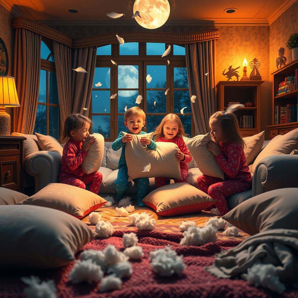 Children's Whimsical Pillow Fight in a Fantastical Living Ro...