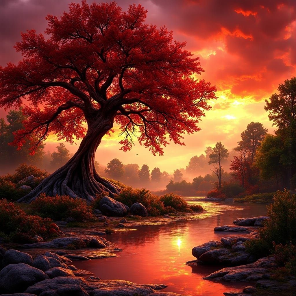 Vibrant Red Sunset Over Pond with Oak Tree