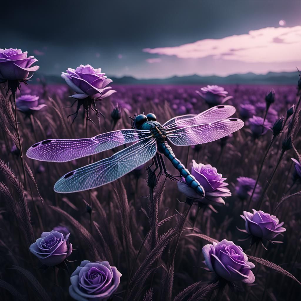 Otherworldly Dragonfly with Ash Roses, Cinematic Still