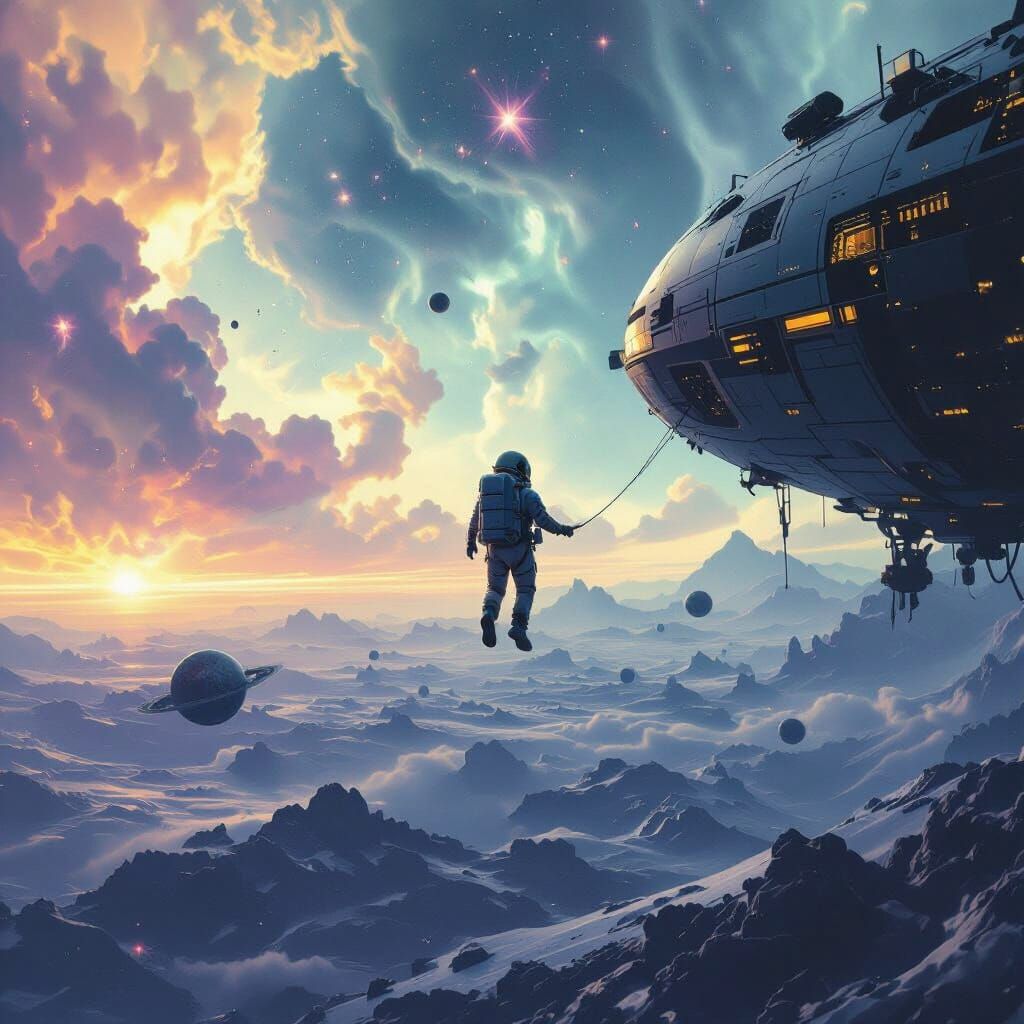 Astronaut Drifts Near Abandoned Ship in Nebula