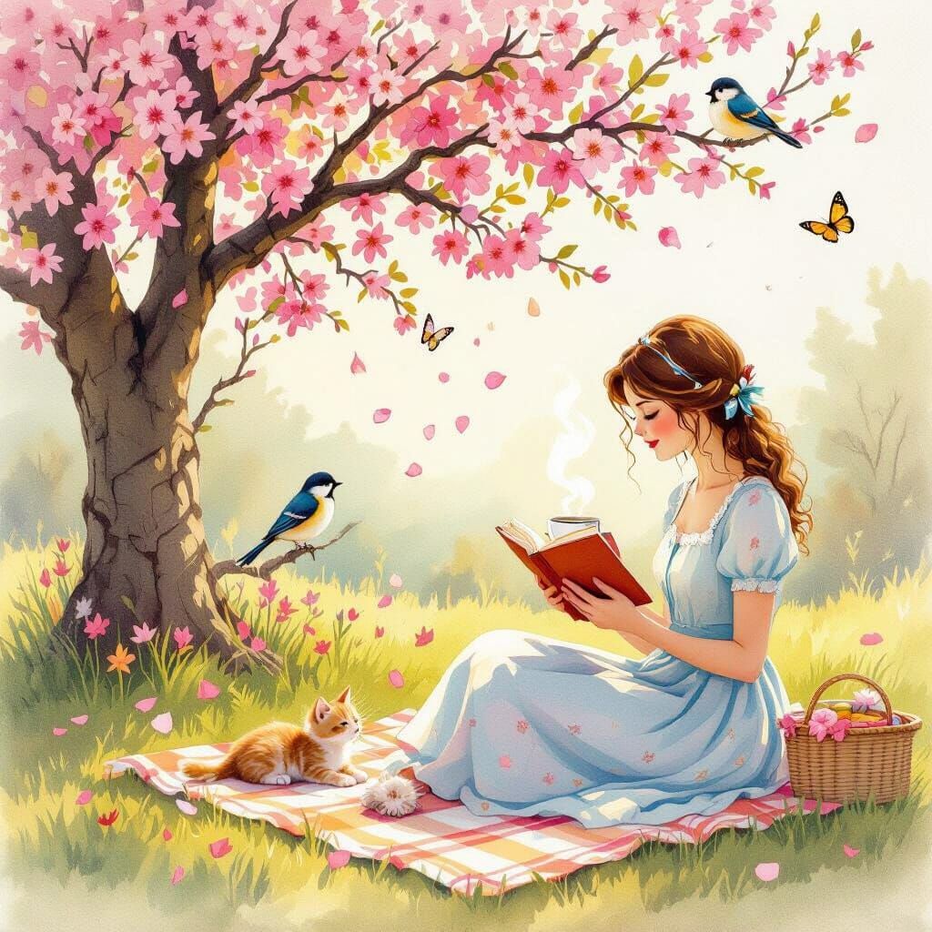 Enchanting Picnic Scene in Watercolor Style