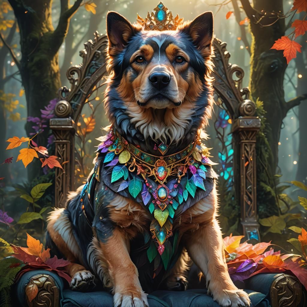 Festive Dog on Throne in Mystical Forest