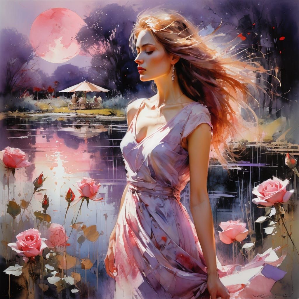 Romantic Woman in Rose Garden, as Watercolour Art