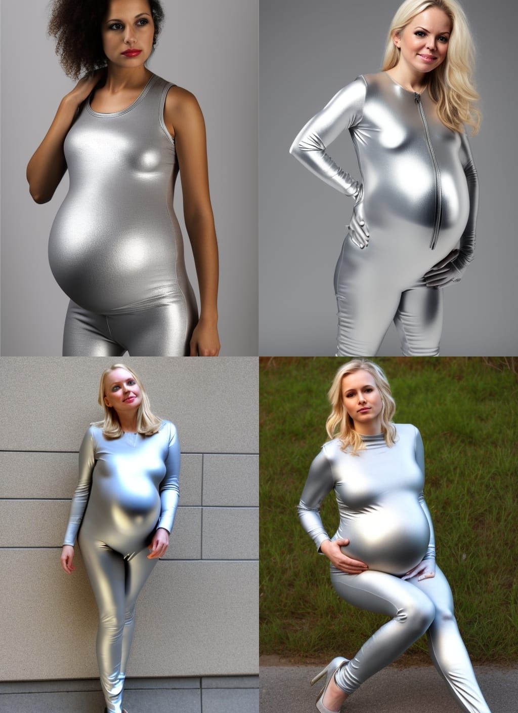 Pregnant Woman in Silver Catsuit Portrait