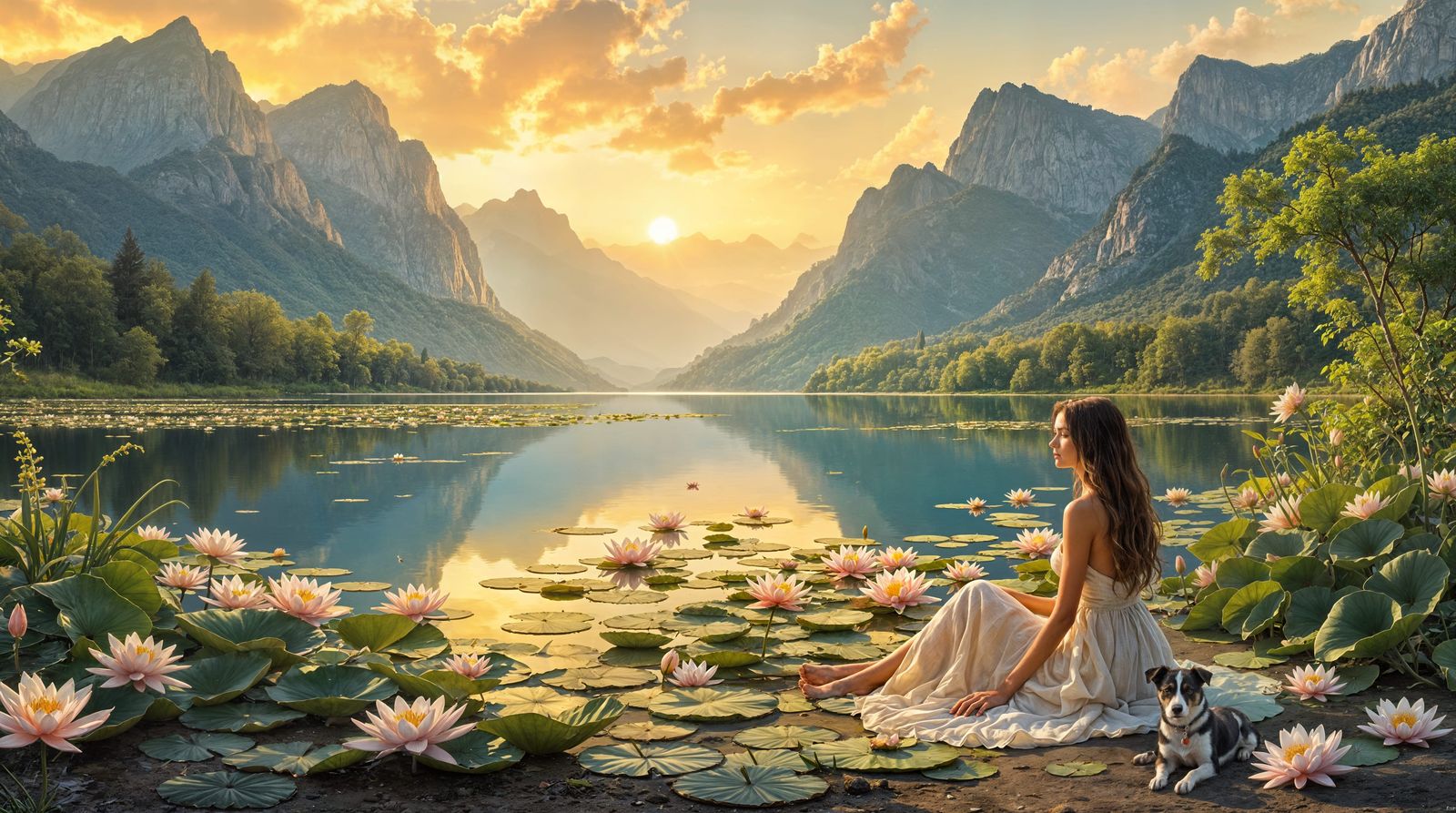 Hyperrealistic Sunset Lake Scene with Water Lilies