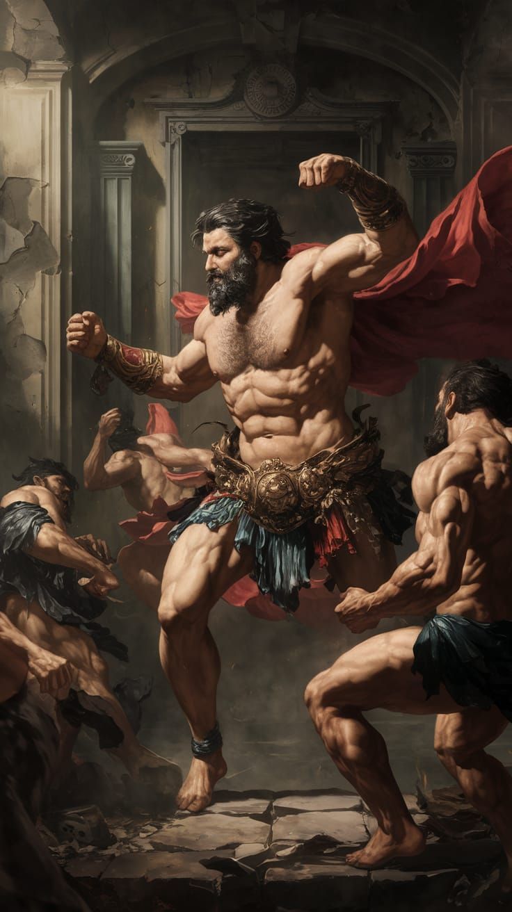 Muscled Greek God Battles Underworld Demons in Baroque Style
