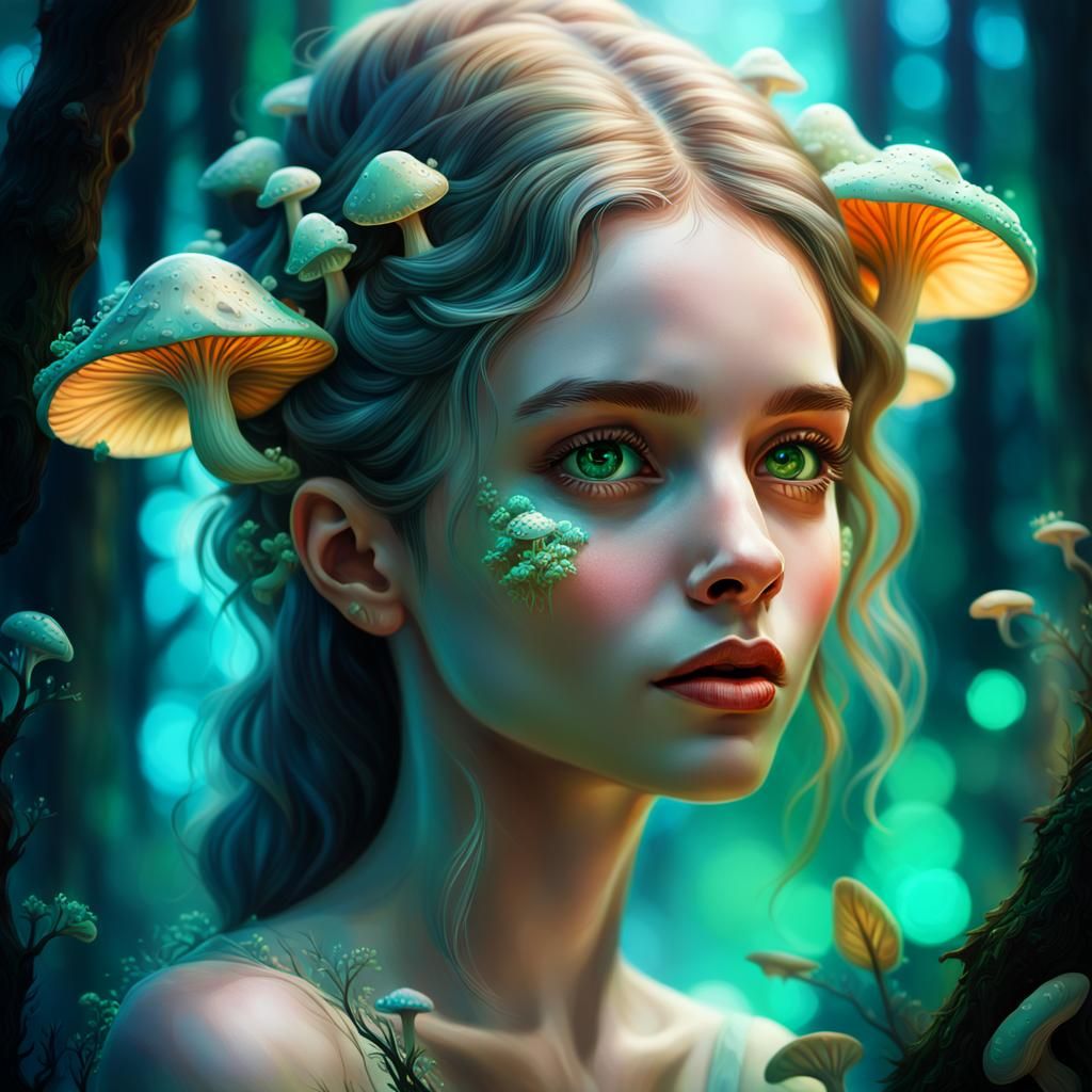 Woman with Mushroom Head in Enchanted Forest