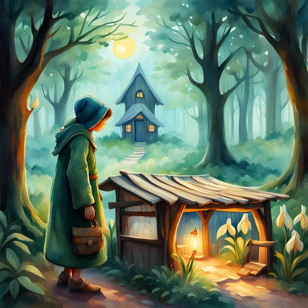 Cozy Figure Approaches Watercolor Hut with Twin Lily