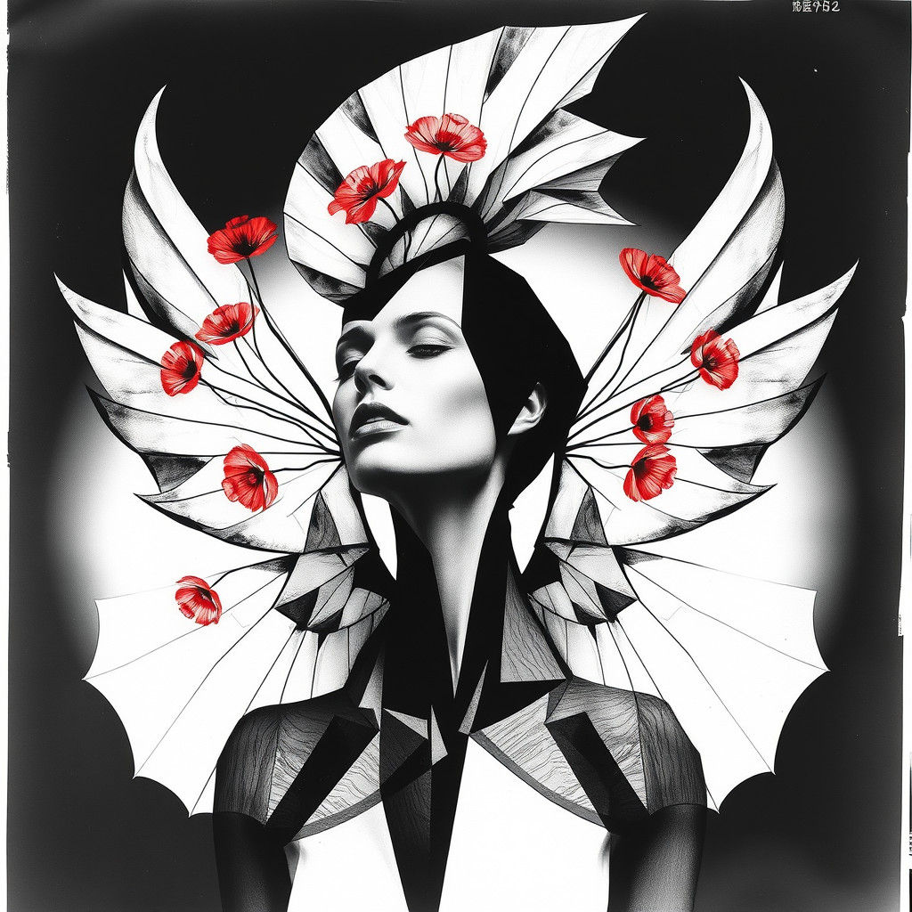 Geometric Winged Figure in Black and White Photogram Style