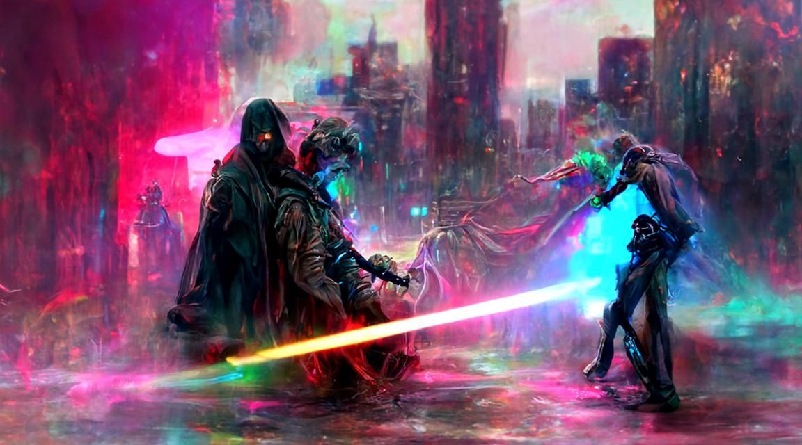 Epic Lightsaber Battle in a Cyberpunk Astral Plane